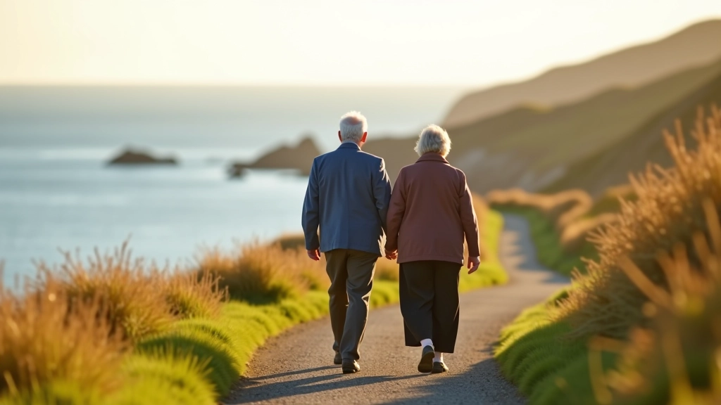 Mature couple walking together on a scenic path, enjoying outdoor activity in natural light